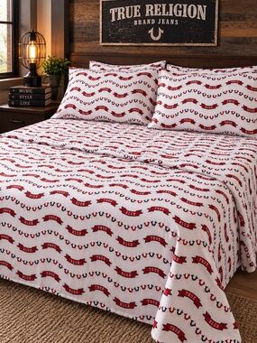 True Religion King Sheet Set 6 Piece Horseshoe Logo Red Blue White Bedding NWT